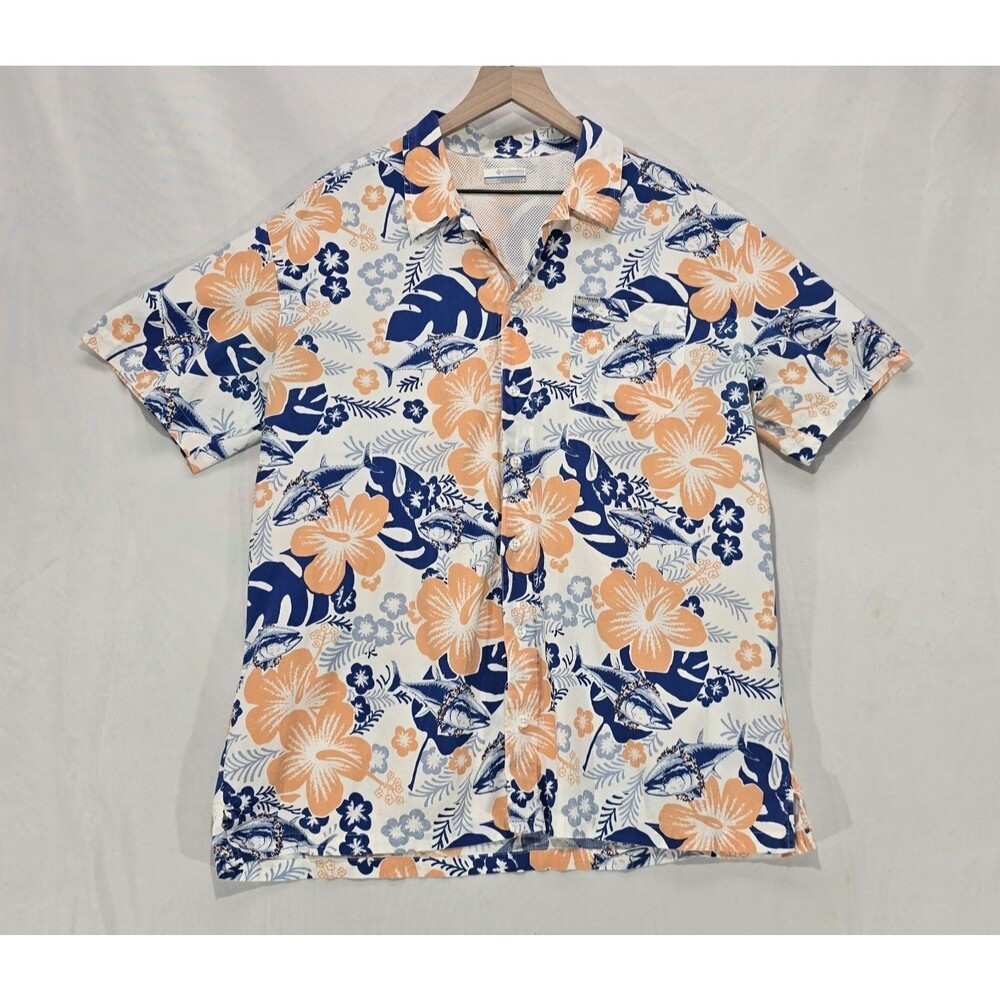 Columbia PFG Mens L Fishing Shirt Tropical Floral Fish Resortwear Performance